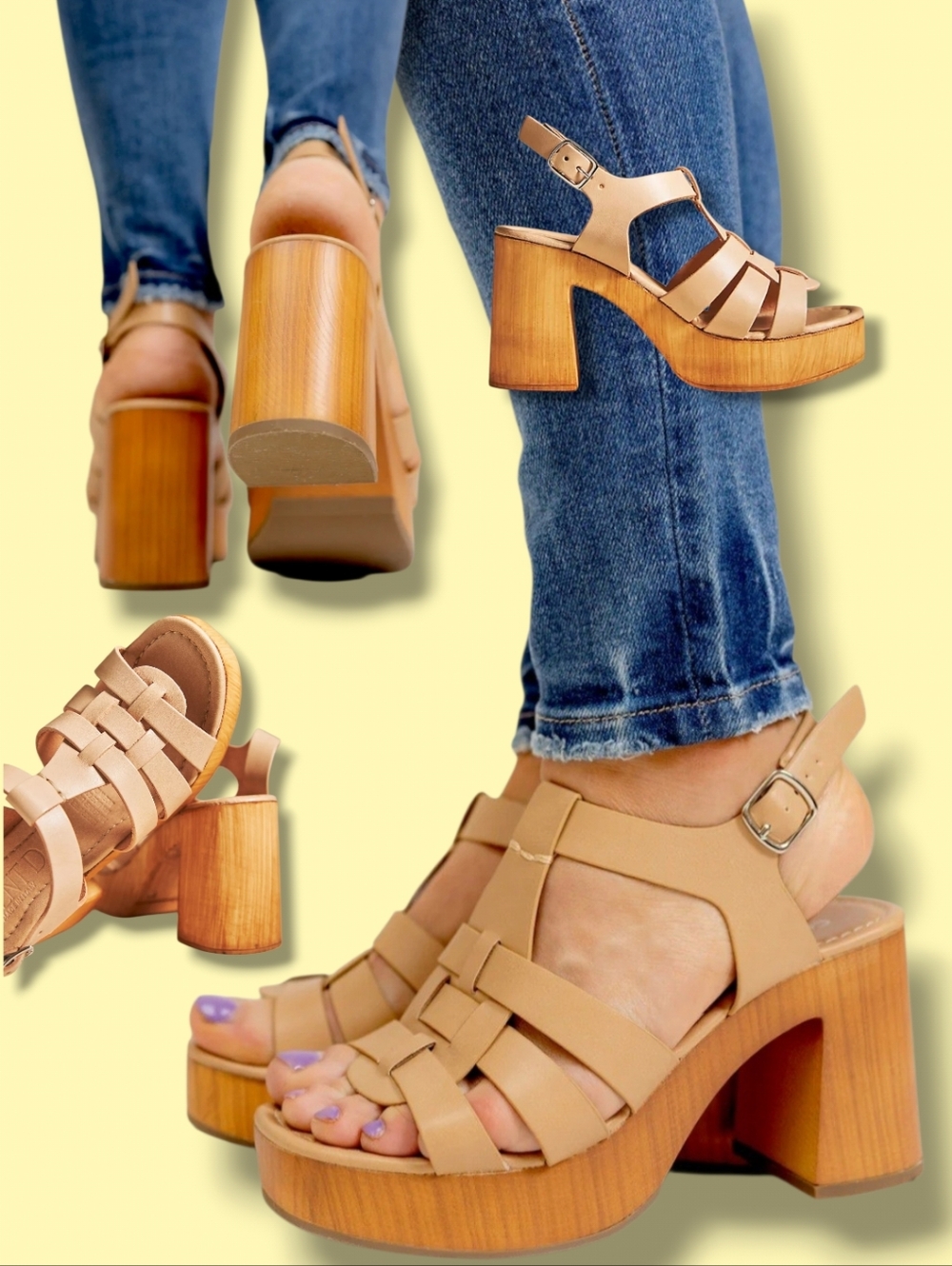 New 🤎  Women's Natural PU Leather Wooden Fisherman Platform Heeled Sandals